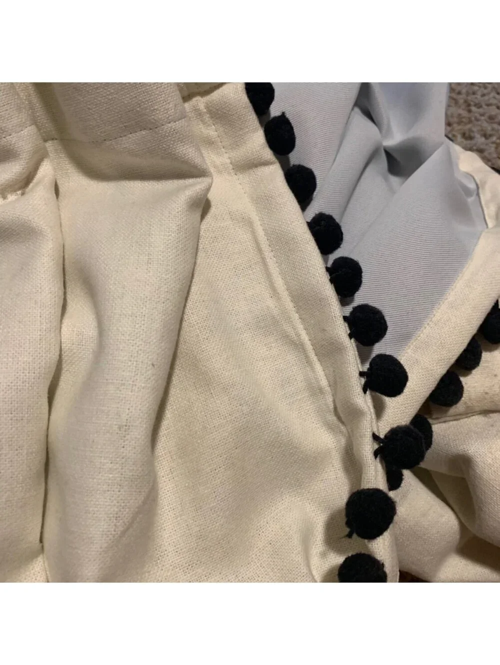 Cream Cotton Curtain Panels with Black Pom Pom Trim and Mounting Hardware